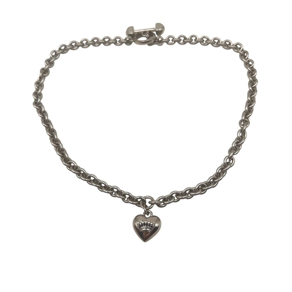 Juicy Couture Necklace Silver Tone Puffy Heart Crown Charm Toggle Clasp 16" Y2K - Picture 3 of 8